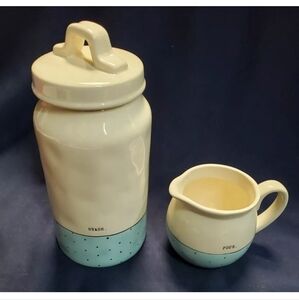 RAE DUNN "Pour" Blue Polka Dot Tall Pitcher w/handle Artisan Collection Magenta